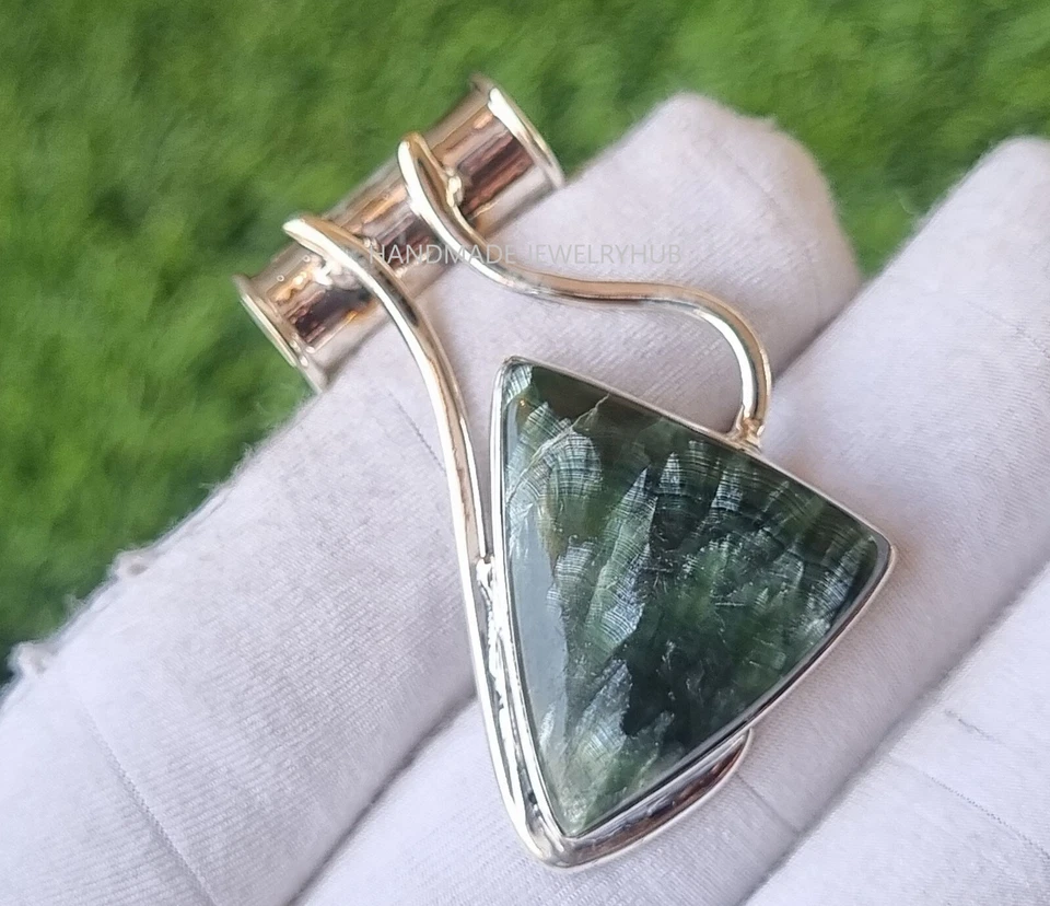 Colgante hecho a mano de plata de ley 925 con piedras preciosas de trío de serafinita regalo PG1998 Foto 2 de 3