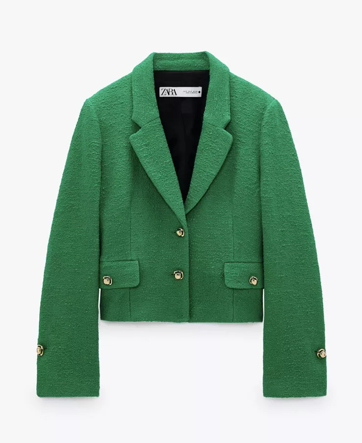 ZARA Textured Fitted Blazer S Green RARE NWT