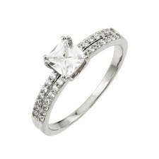 Sterling Silver CZ Stones Ladies Ring w/ 5 mm 0.75 ct Princess Cut Center CZ