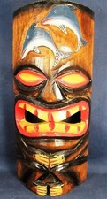 Tiki Mask Hand Carved Wood w/Dolphins Hanging Wall Decor