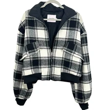 House of Sunny Plaid Cropped Bomber Jacket Womens Size 6 Black White