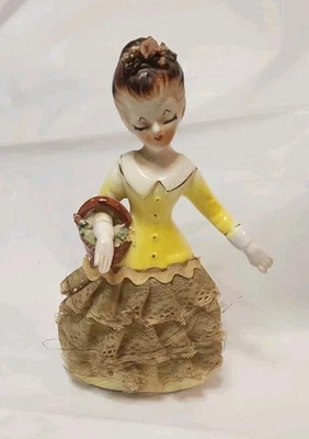 Vtg 1950s Porcelain Lace Lady Figurine Yellow Dress Parasol Japan Style 5” Tutu - Image 1 of 4