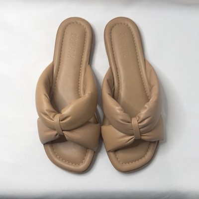Schutz Fairy Nude Leather Puffy Bow Flat Slide Sandals Women's Size 7B