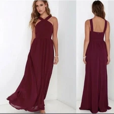 LuLus | Women's Magenta Flowy Maxi  Lined Halter Air of Romance Dress Sz L