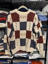 Vintage St Johns Bay Sweater Mens Large Checkered Colorblock Crewneck Linen 90s