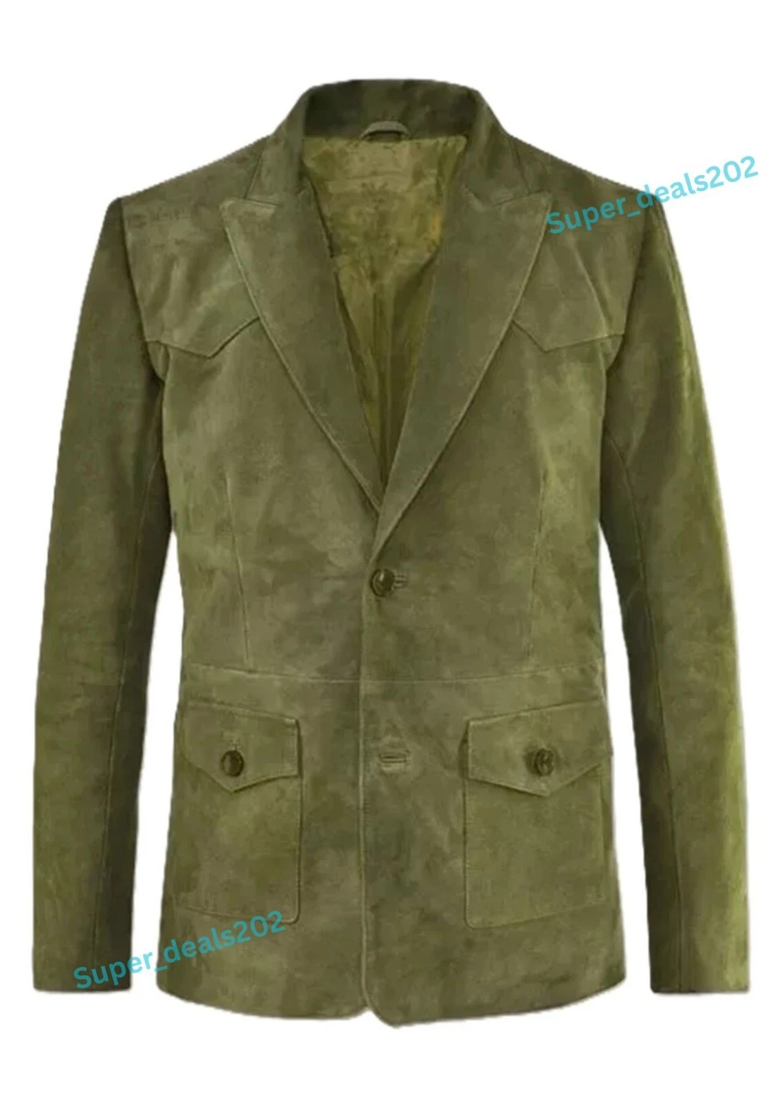 Mens Olive Green Suede Leather Blazer Jacket Two Button Classic Casual Coat Wear