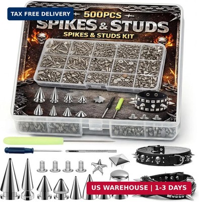 500 Sets Punk Spikes and Studs Kit,11 Sizes Metal Rivets for Jackets, Shoes, Bel