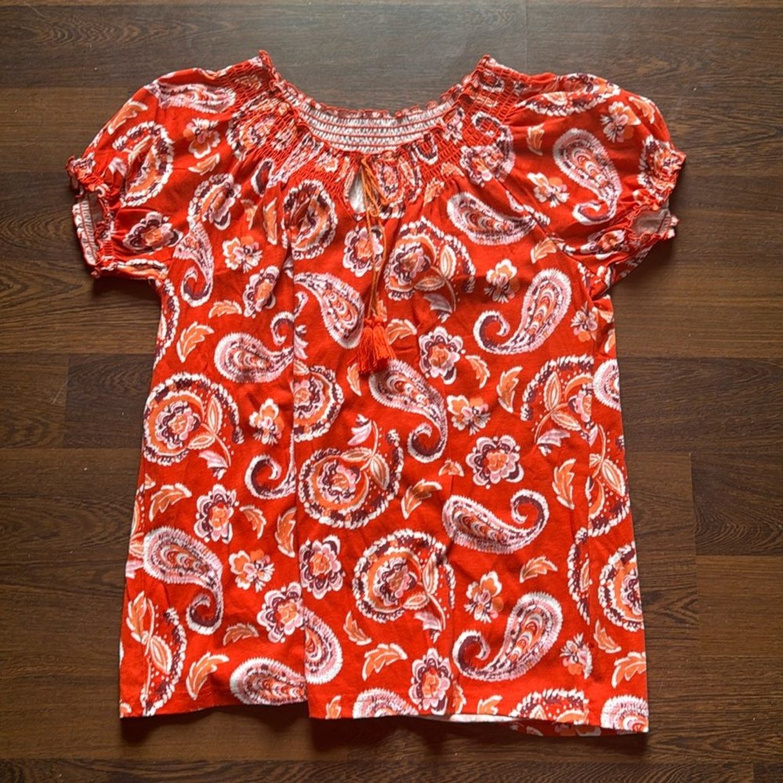 Basic Editions Ruched Short Sleeve Top Orange Floral Paisley Large