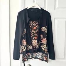 Desigual Daniela Black Rustic Floral Faux Layered Cardigan Top Medium 18WWSK28