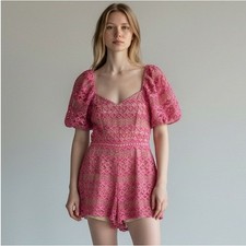Adelyn Rae Romper Womens Small Pink Lace Puff Sleeve Backless Sweetheart Cutout