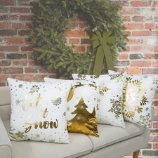 Gold and White Snowflake Decorative Pillow Covers – Set of 4, 18x18 Winter Decor