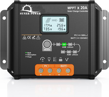 20 Amp 12V 24V MPPT Solar Charge Controller, LCD Display, 20A Solar Panel Chargi