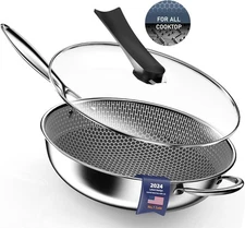 Wok Pan W/Lid Hybrid Deep Honeycomb Nonstick All Cooktops Fry Pans Wok, 13"