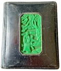 Chinese Leather Birthday Reminder Book Circa 1930 Green Jade Effect Carved Panel