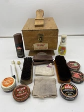 Vintage KIWI HandCrafted Shoe Groomer Valet Wood Shine Dovetail Box +accessories