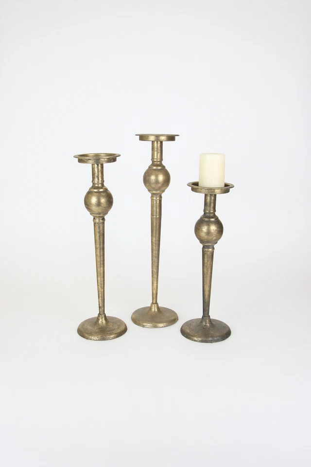 Vintage Style Tall Antiqued Brass Set 3 Candle Stick Round Base Gold Holder - Image 3 of 4