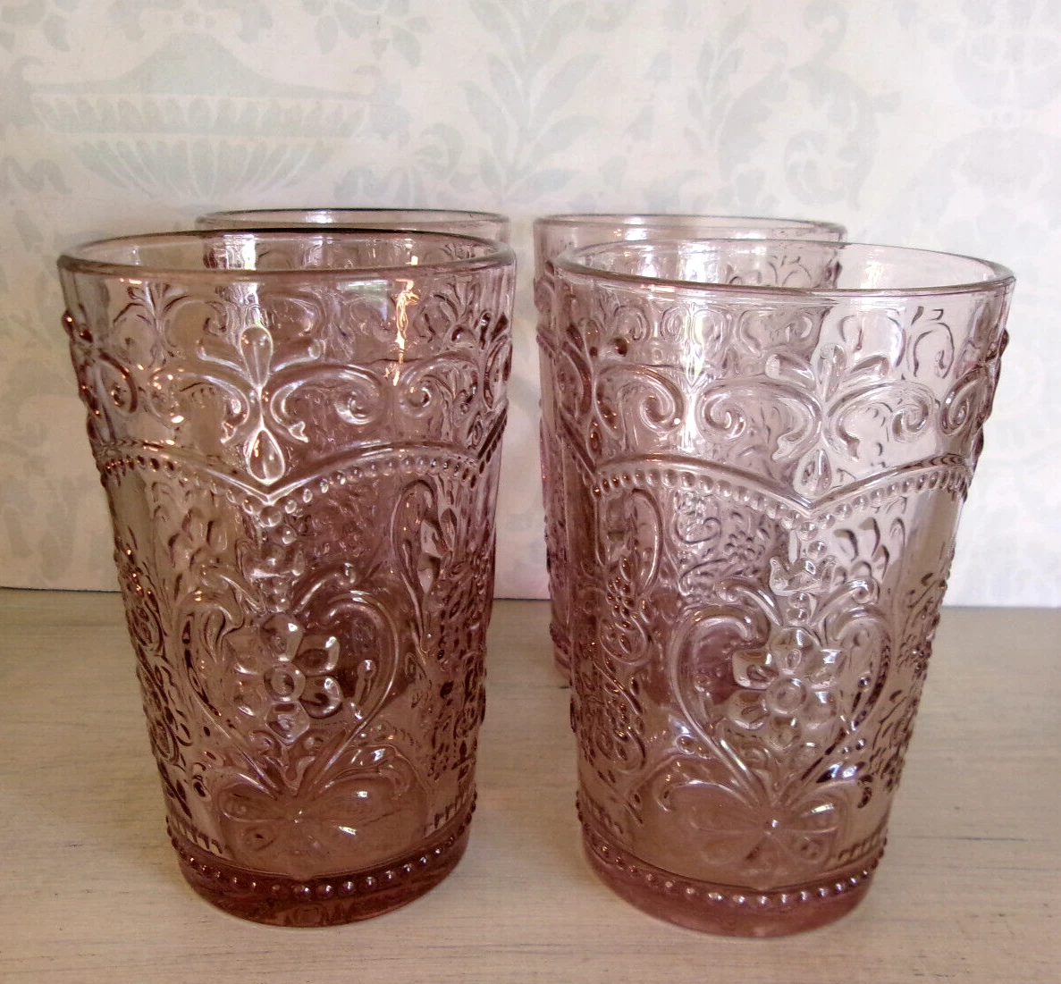 Pioneer Woman Embossed Glass Amelia   Tumbler  Pink Rose Set of 4 Glasses