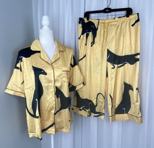 Dalia MacPhee Sphinx Cat Satin Pajama Set Plus Sz 1X 2 piece Lux Loungewear Gold