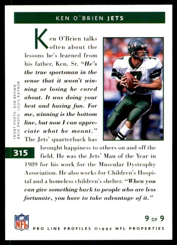 1992 PRO LINE KEN O'BRIEN NEW YORK JETS #315 - Image 2 of 2