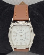 Mens Anriya Milan Rectangle Silver Tone Case White Dial Brown Leather Watch J9
