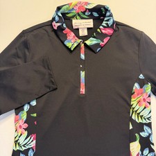 Tommy Bahama Racquet & Paddle Black Tropical Floral Polo Shirt Womens Med Tennis