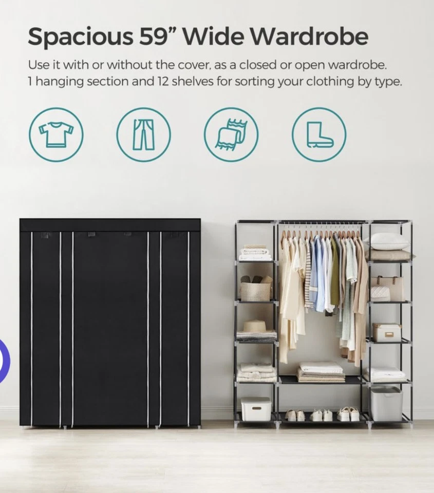 Organizador de almacenamiento de armario de ropa portátil 69" con tela no tejida negro Foto 3 de 4