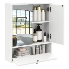 Wall-Mounted Storage Cabinet with Double Mirrored Doors & Adjustable Shelf