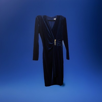 Calvin Klein Misses/Juniors Blue Velvet Faux Wrap Dress Size 4 Long Sleeves