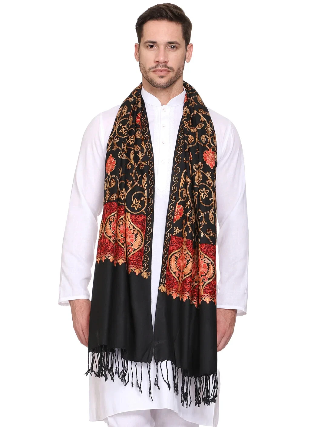 Stole Black Mens Paisley Wool Jamavar Shawl Jacquard Pashmina Jamawar Wrap Large