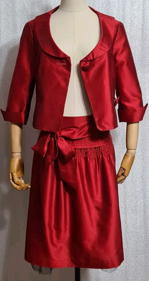 LAUREL РЕДКАЯ удивительный эксклюзивный красный одна кнопка куртка 38/юбка 34 хлопок/шелк - Изображение 2 из 4