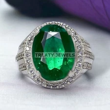 Emerald Oval Cut Gemstone With 925 Sterling Silver Ring For Men's #613 *