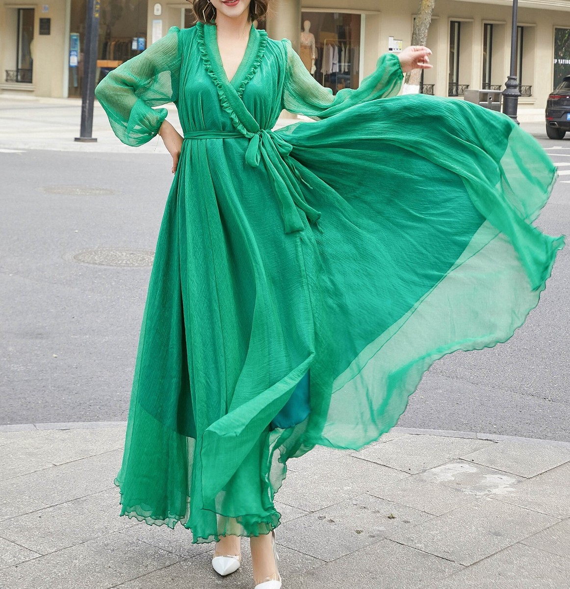Maya Antonia Emerald Green/Blue Wrap Chiffon Maxi Dress, Loose/Long Sleeves/Boho | eBay Maya Antonia Emerald Green/Blue Wrap Chiffon Maxi Dress, Loose/Long Sleeves/Boho | eBay