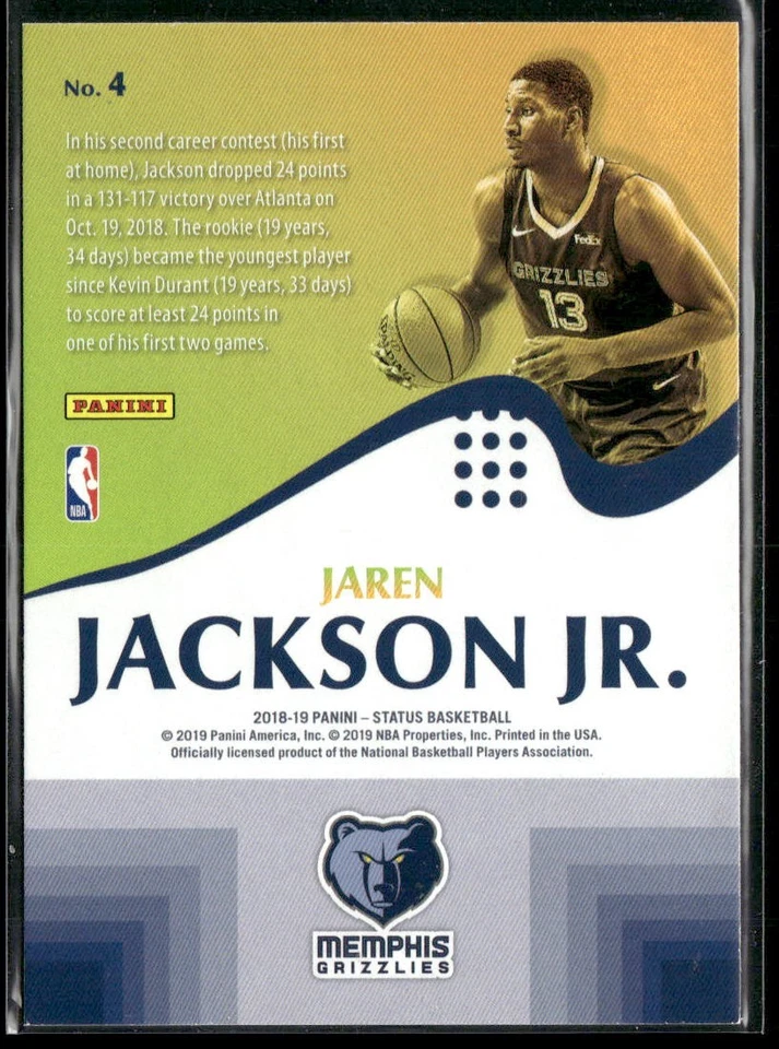 2018-19 Panini Status Rookie Prominence Jaren Jackson Jr. #4 Memphis Grizzlies - Image 2 of 2
