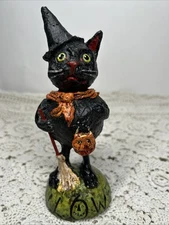 Vtg Debra Schoch Early Black Cat Witch Hat Broom Halloween Paper Mache Folk Art