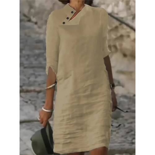 Women Casual Stand Collar Button Cotton Linen Dress Solid Mid Sleeve Shirt Dress - Picture 8 of 22