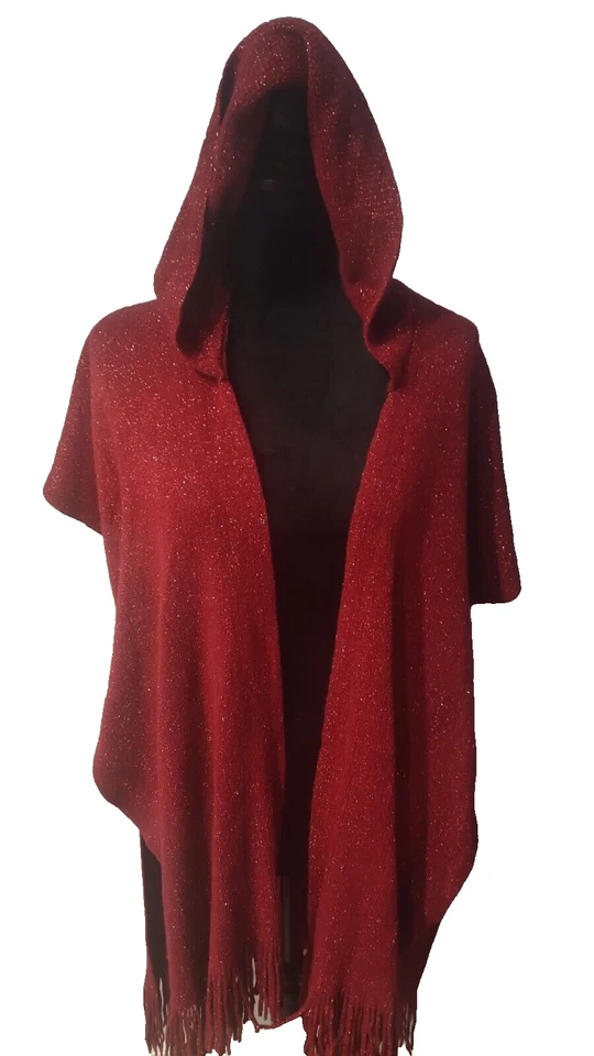 Women's Red Poncho Hooded Knit Shawl whit Ruffle. - Image 4 of 4