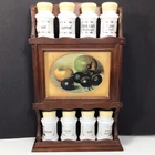 Milk glass SPICE Rack VTG Country House Herb Jars Wooden Wall Fruit Cottagecore
