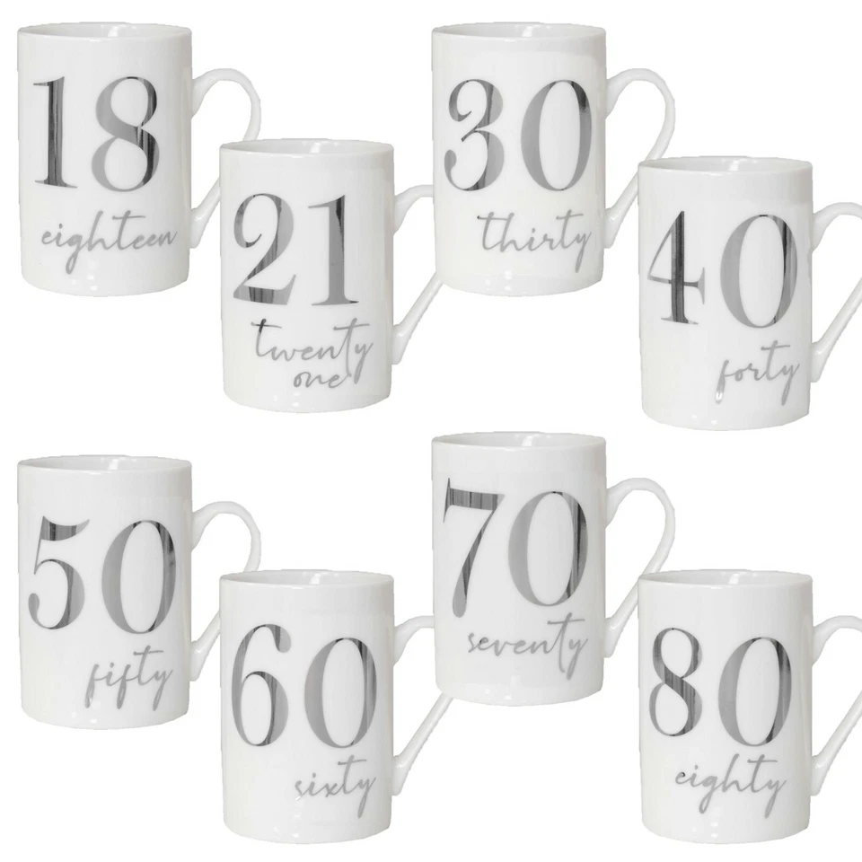 White Bone China Mug with Silver Foil Number - Choose Birthday Age