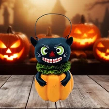 Bethany Lowe Designs: Halloween; Vintage Black Cat in Pumpkin Bucket