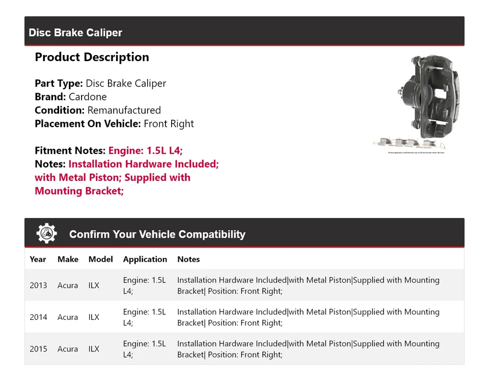 Pinza de freno de disco delantera derecha Cardone 2014 para Acura ILX 2013-2015 1,5 L L L4 Foto 2 de 4