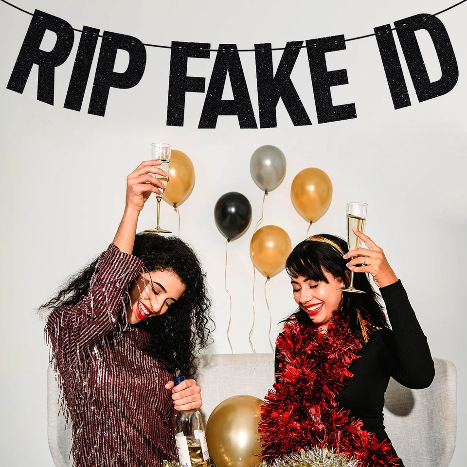 Banner de identificación falso negro brillante rasgado, 21 y legal/feliz 21 cumpleaños/chica caliente HBD, F Foto 4 de 4