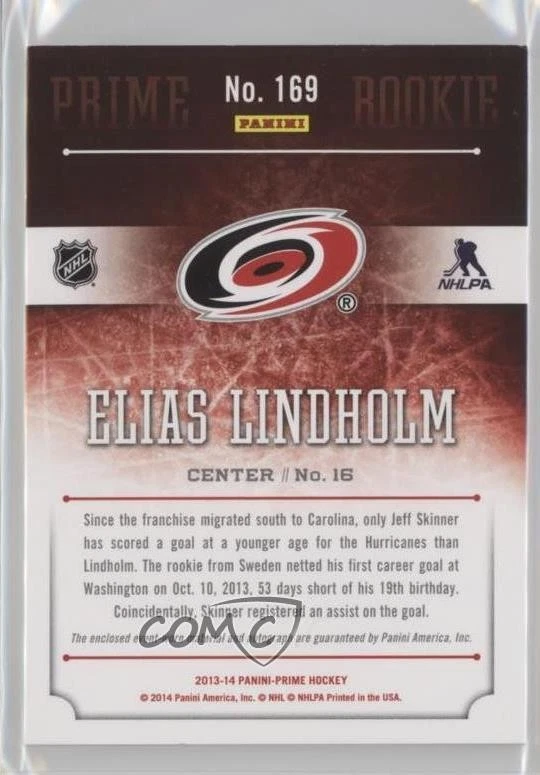 2013-14 Panini Prime Auto Holo Gold /25 Elias Lindholm #169 Rookie Patch RC - Image 2 of 2