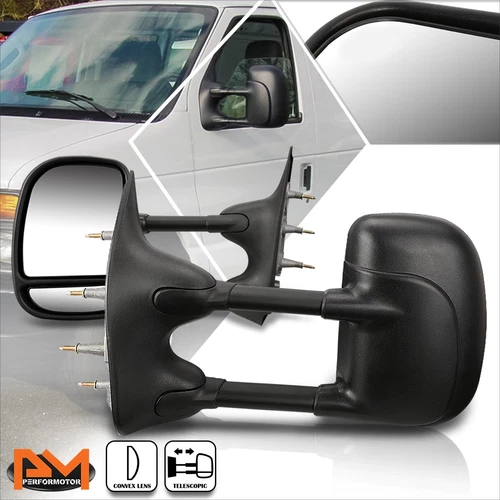 For 03-14 Ford E150-E550/Econoline Manual Telescoping Black Towing Mirror Pair