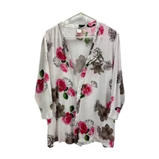 Japna Short Floral Open Front Robe Size L Soft Rayon Crochet Cuffs No Belt