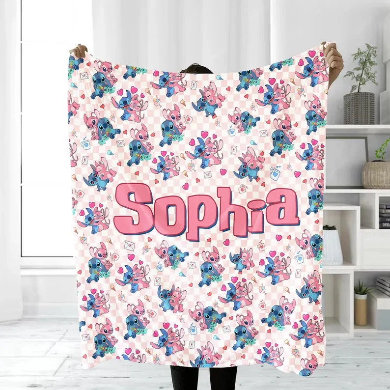 Personalized Disney Stitch And Angel Cute Coupe Plaid Cozy Fleece Blanket