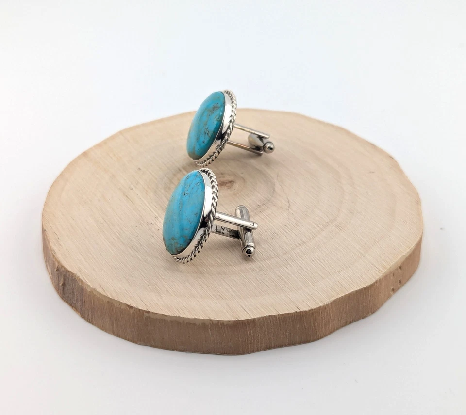 Men's Cuff Links Sterling Silver Kingman Turquoise Stone Navajo Accessory - Image 4 of 4