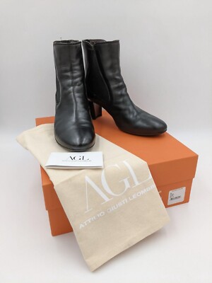 AGL women's black leather block heel zip ankle booties 38
