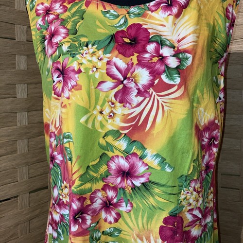 Mama Hawaiian Floral Yellow White Palms Red Hibiscus And Pink Tie Dress Med - Picture 5 of 14