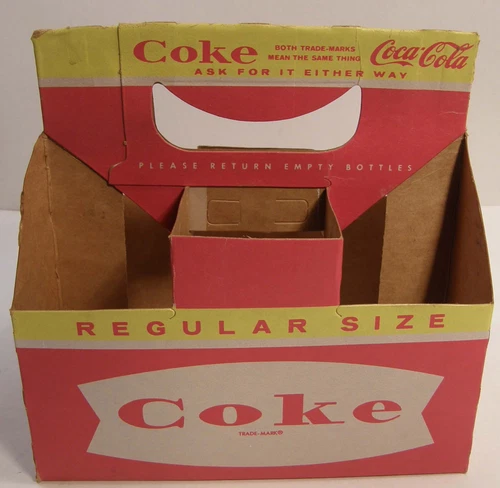 VINTAGE  1960'S 6 PACK COCA COLA COKE FISHTAIL LOGO CARDBOARD CARRIER