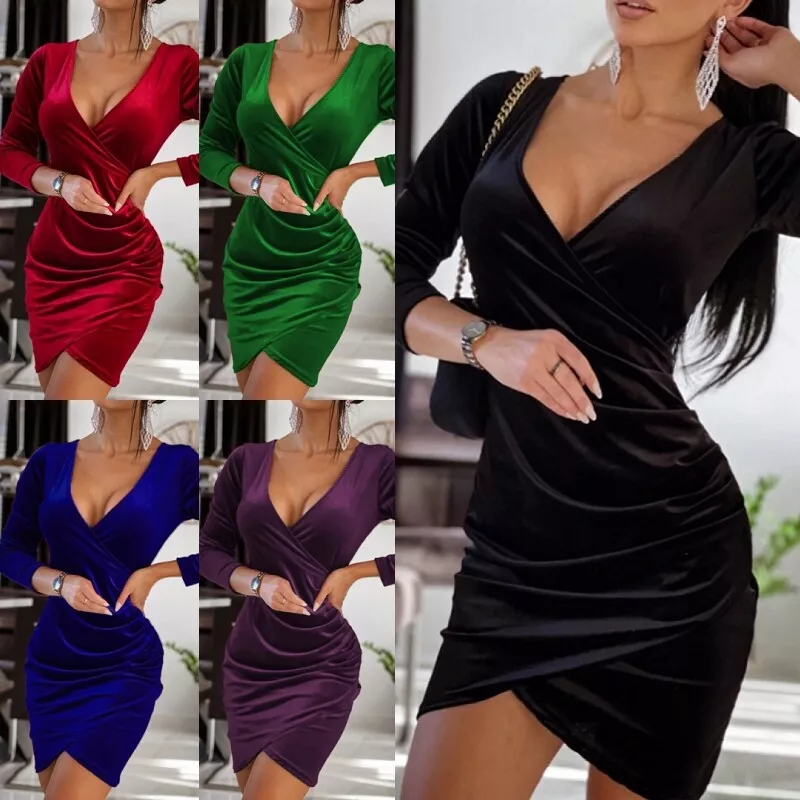 Ladies Party Dresses V Neck Short Mini Dress Women Long Sleeve